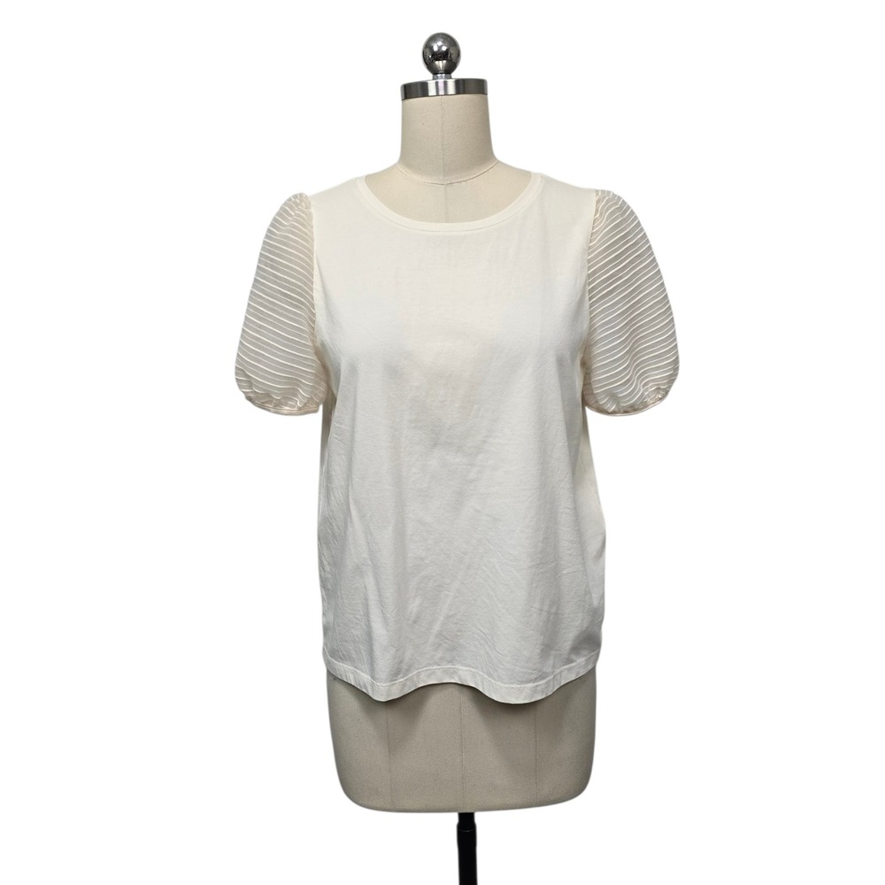 Madewell Women's‎ Size Small Cream Puff Sleeve Sheer Stripe Knit Top Neutral